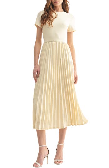 Mila Mae Short Sleeve Pleated Midi Dress In Beige