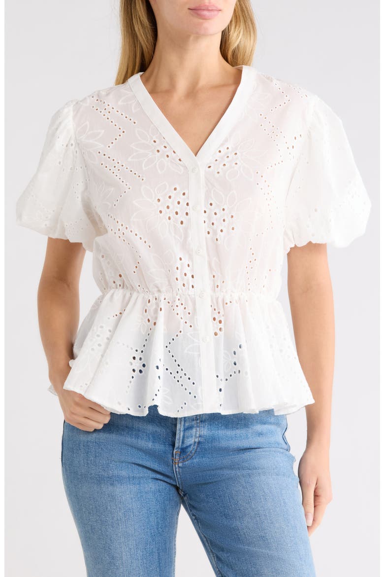 Eyelet Balloon Sleeve Faux Wrap Top, Main, color, WHITE