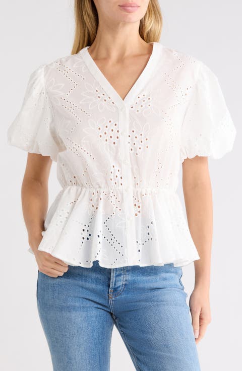 Eyelet Balloon Sleeve Faux Wrap Top