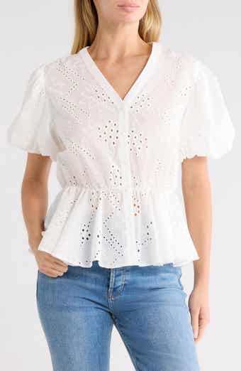 Eyelet Balloon Sleeve Faux Wrap Top