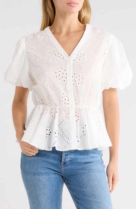 Eyelet Balloon Sleeve Faux Wrap Top