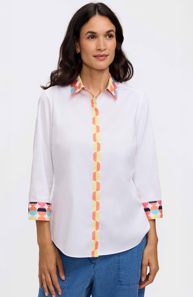 Foxcroft Luna Three-Quarter Sleeve Border Print Button-Up Shirt, Alternate, color, White Multi