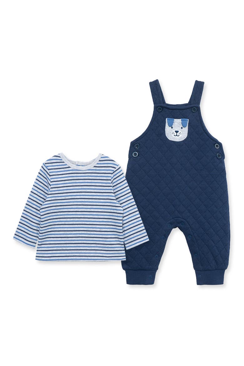Puppy Appliqué Cotton T-Shirt & Overalls Set, Main, color, BLUE