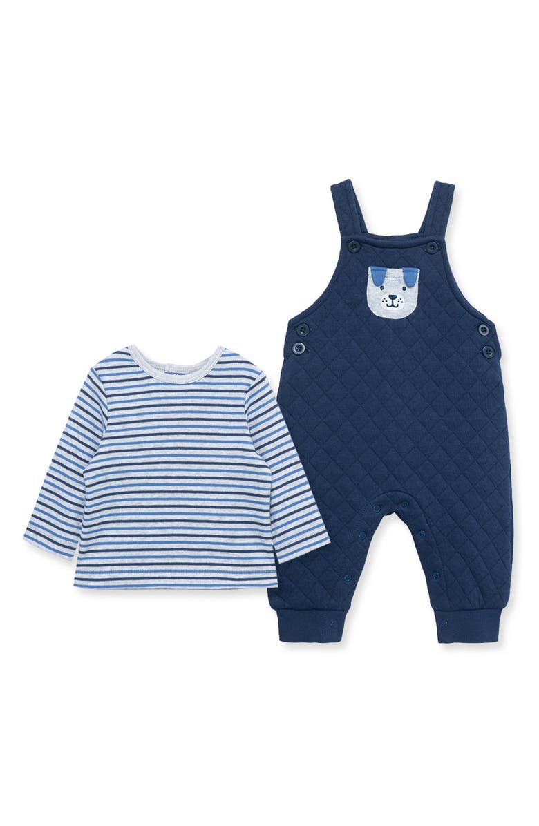 Little Me Puppy Appliqué Cotton T-Shirt & Overalls Set, Main, color, 