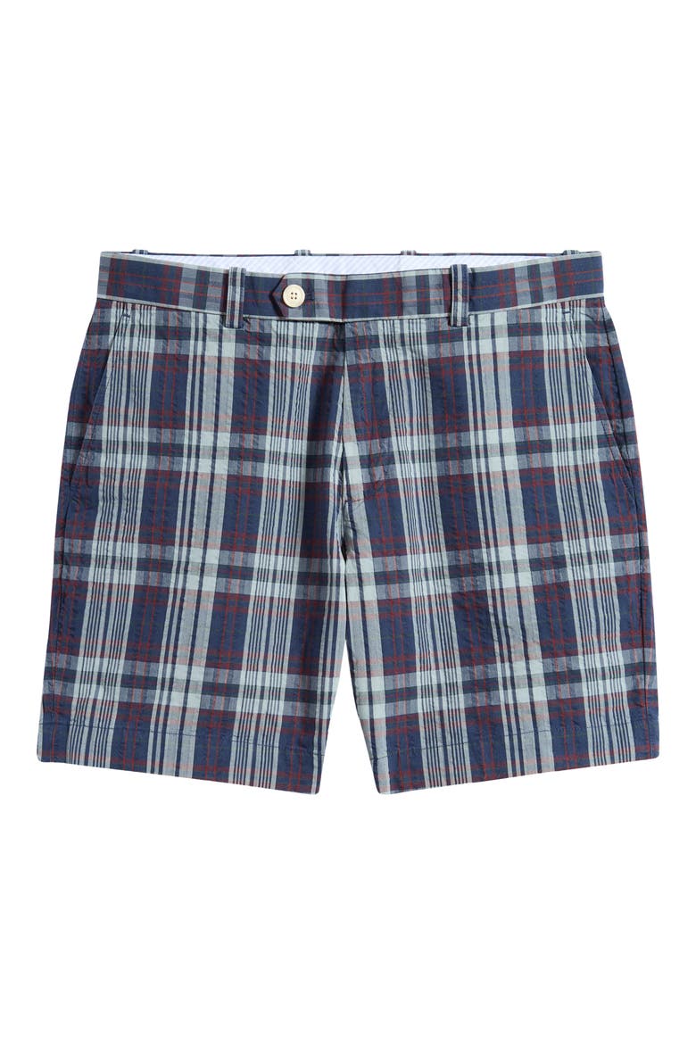 Plaid Flat Front Cotton Seersucker Shorts, Alternate, color, NAVY MADRAS