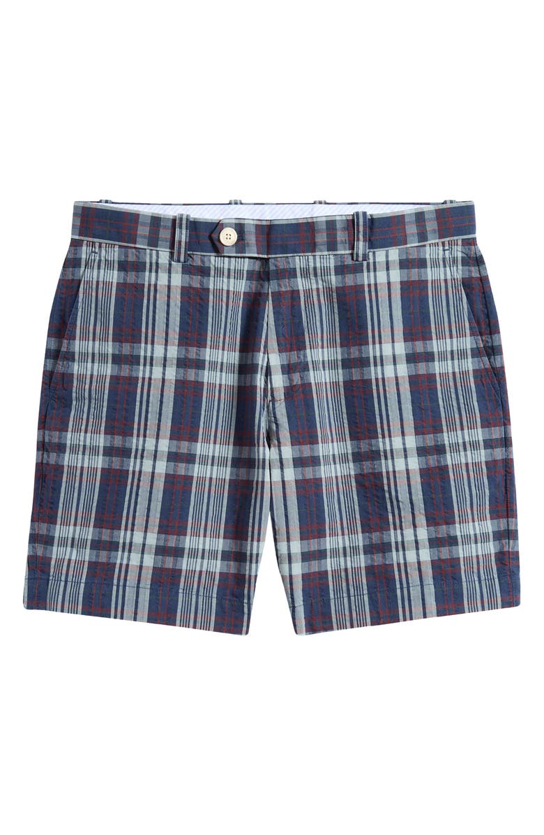 Brooks Brothers Plaid Flat Front Cotton Seersucker Shorts, Alternate, color, Navy Madras