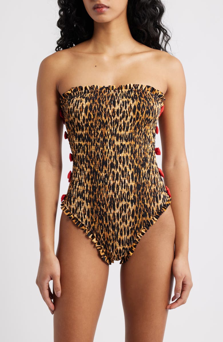 Damson Madder Betty Smocked Bow One-Piece Swimsuit, Alternate, color, Brown