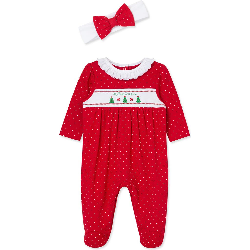 Little Me Dainty Trees Cotton Footie & Headband Set In Red