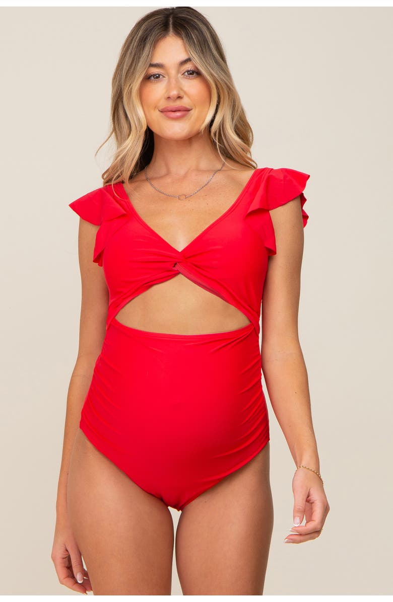 PinkBlush Cutout Flutter One Piece Swimsuit, Alternate, color, Red