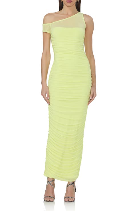 Biona One-Shoulder Ruched Mesh Maxi Dress