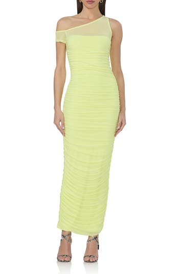 Afrm Biona One-shoulder Ruched Mesh Maxi Dress In Green