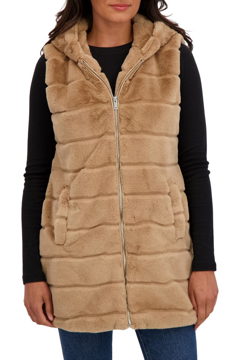 Sebby Faux Fur Hooded Vest, Main, color, Camel