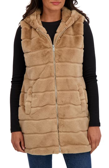 Sebby Faux Fur Hooded Vest In Brown