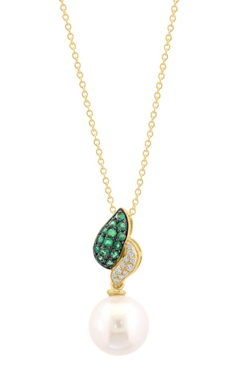 Diamond, Emerald & Cultured Pearl Pendant Necklace