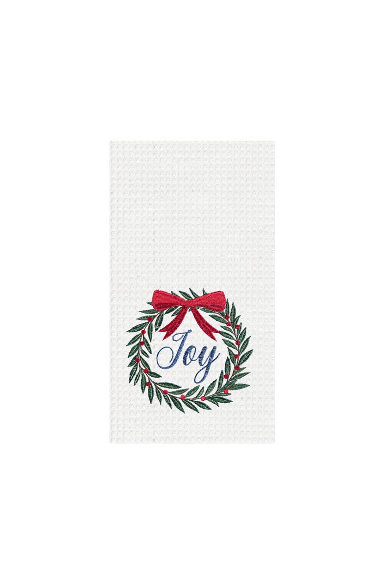 C&F Home 27' x 18" Christmas Holiday "Joy" Sentiment with Red Berry Wreath Cotton Waffle Weave Kitchen Dish Towel, Main, color, White