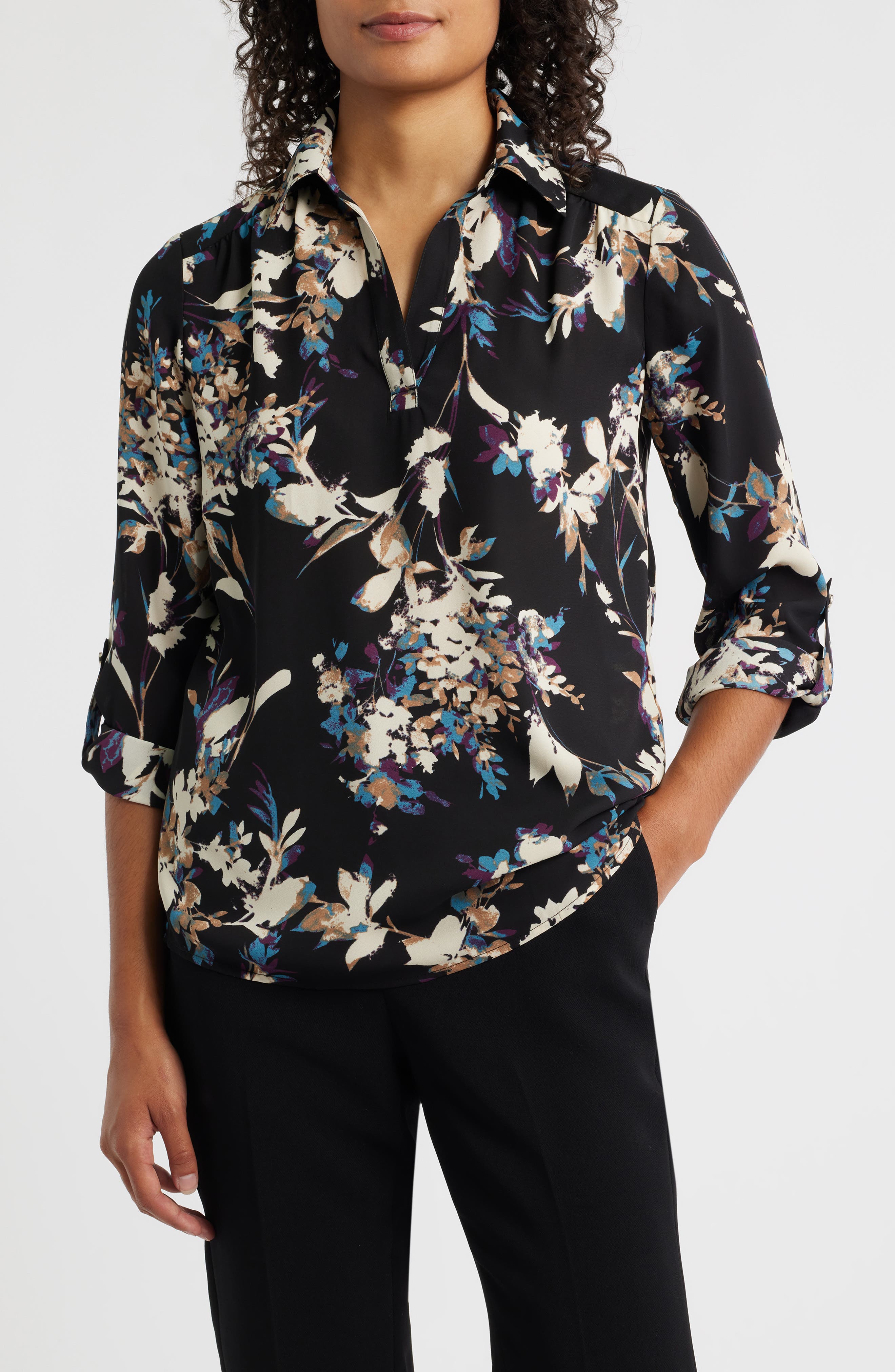 AK ANNE KLEIN Floral Popover Crêpe de Chine Top in Anne Black Multi 