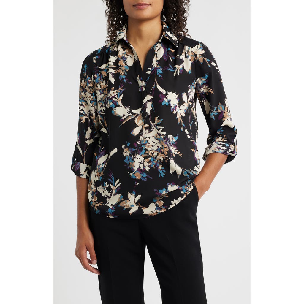 AK ANNE KLEIN Floral Popover Crêpe de Chine Top in Anne Black Multi  product
