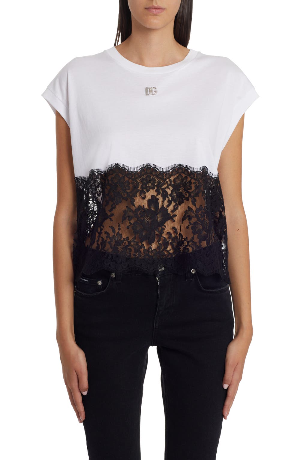 Lace Panel Short Sleeve T-Shirt, color, WHITE