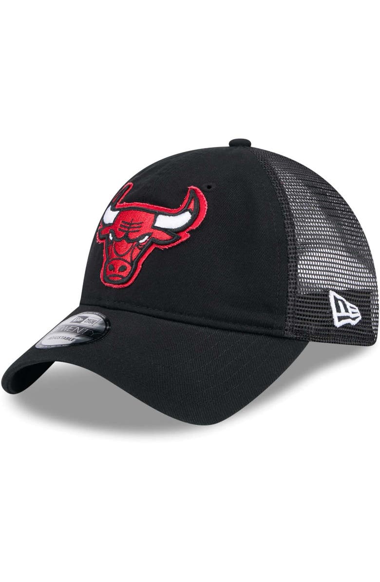 New Era Men's New Era Black Chicago Bulls Rough Edge Logo Trucker 9TWENTY Adjustable Hat, Main, color, 