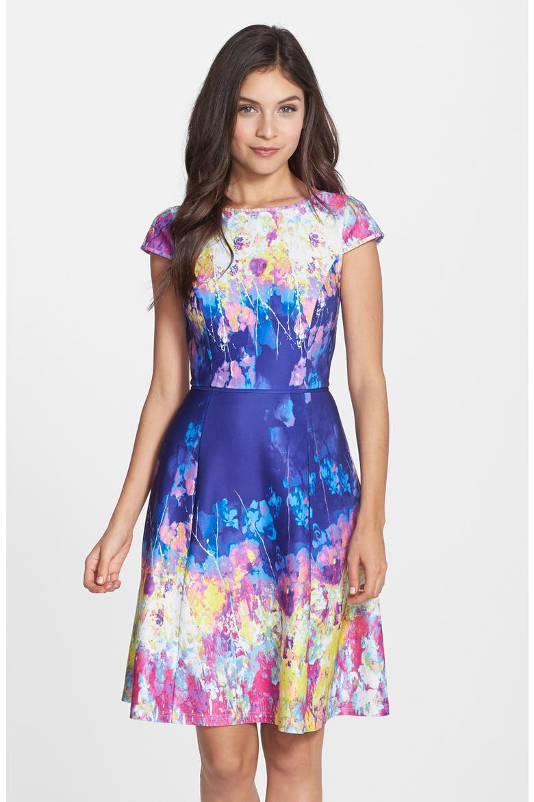 Floral Print Scuba Fit & Flare Dress, Main, color, PURPLE MULTI