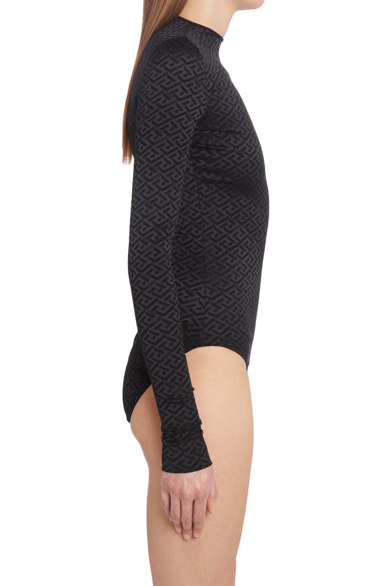 La Greca Monogram Print Long Sleeve Bodysuit, Alternate, color, NERO