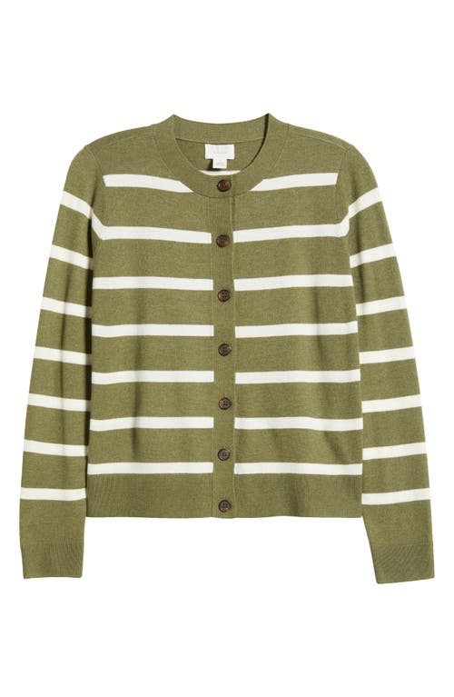 Caslon ® Classic Crewneck Cardigan In Olive- Ivory Renee Stripe