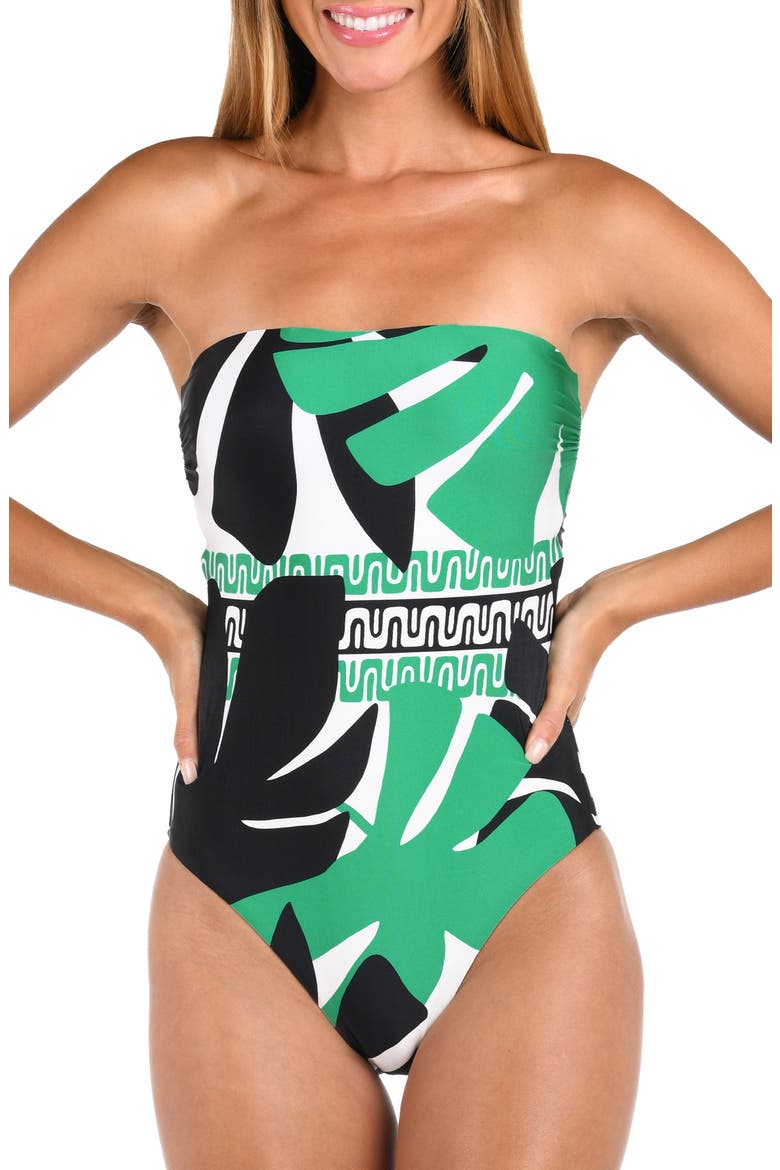 Monstera Bandeau One-Piece Swimsuit, Alternate, color, GREEN MULTI