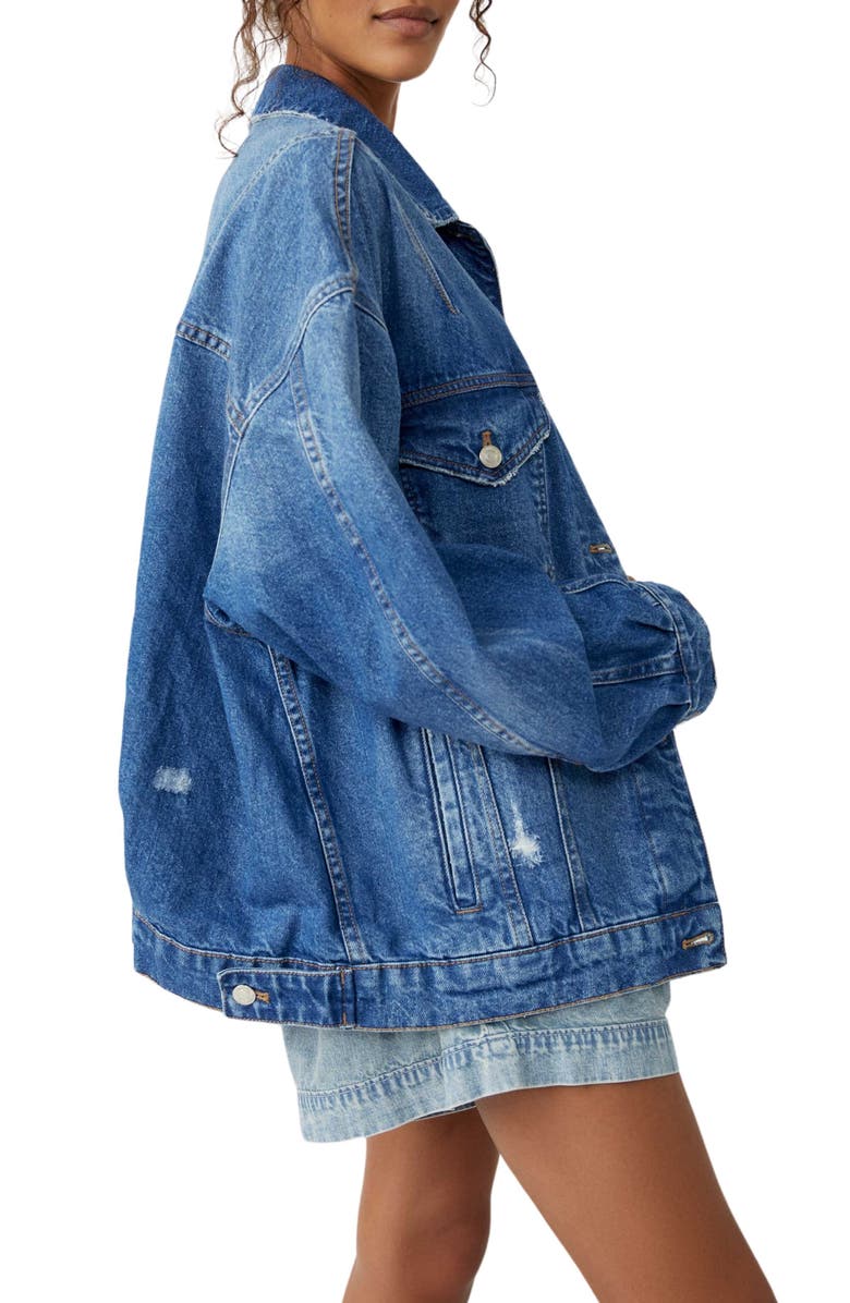 Free People All In Oversize Distressed Denim Trucker Jacket, Alternate, color,