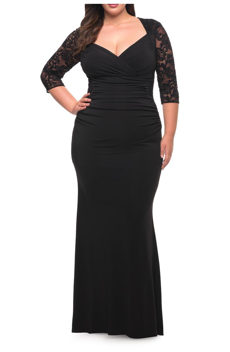 La Femme Jersey Plus Dress with Lace Sleeves and Back, Main, color, Black