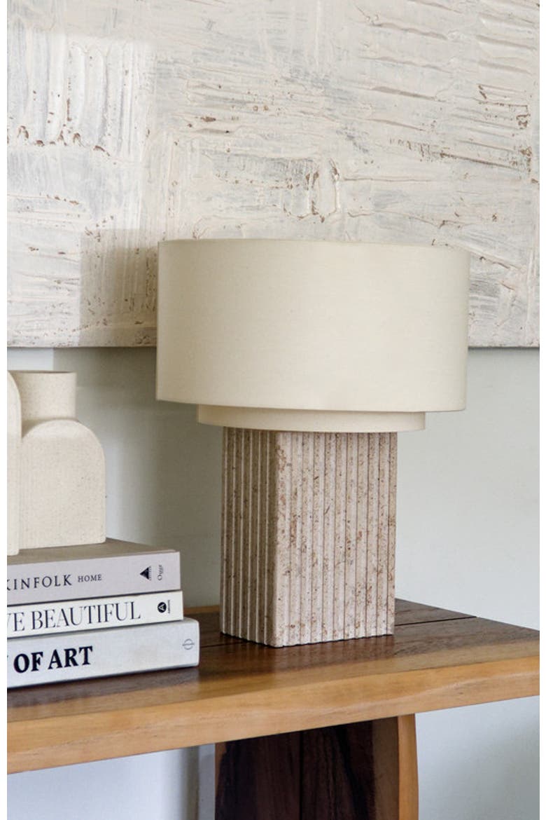 Atticus 15" Modern LED Natural Limestone Table Lamp with Cotton Fabric Shade, Alternate, color, Cream
