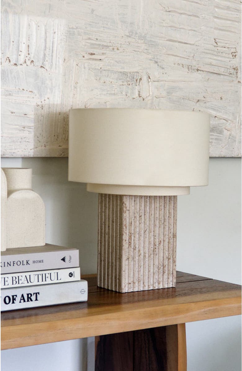 Brightech Atticus 15" Modern LED Natural Limestone Table Lamp with Cotton Fabric Shade, Alternate, color, Cream