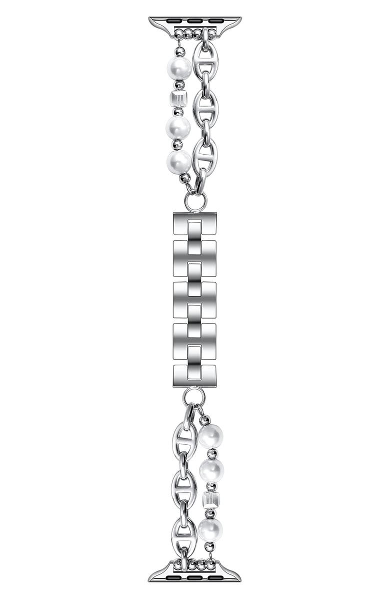 The Posh Tech Luna Imitation Pearl Apple Watch<sup>®</sup> Watchband, 42mm, Main, color, Silver