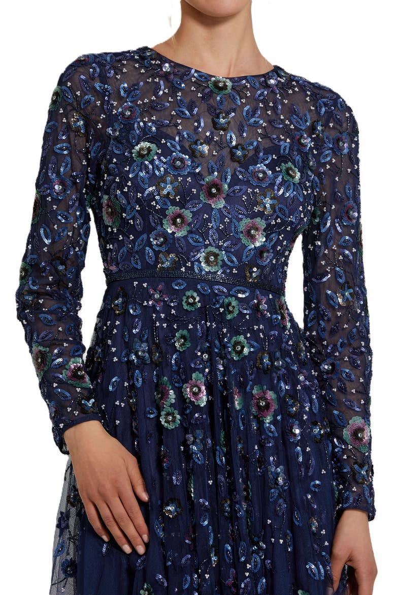 Embellished High Neck Long Sleeve A Line Gown, Alternate, color, Navy
