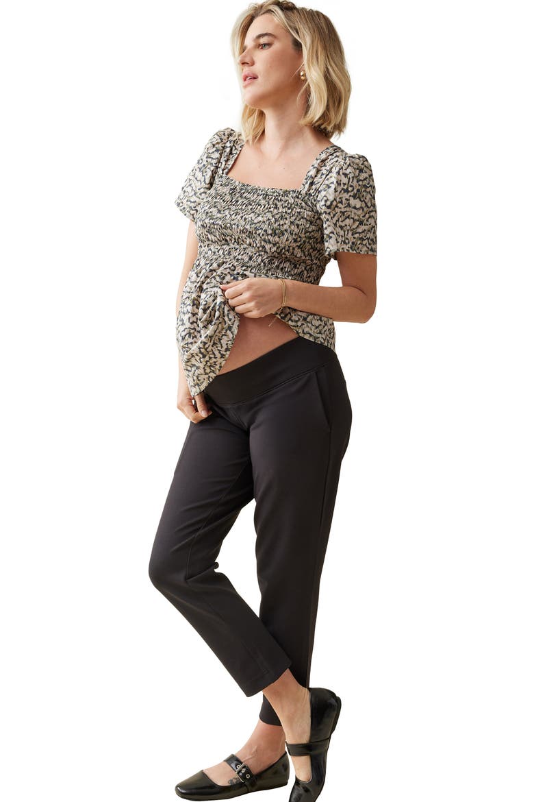 Smocked Puff Sleeve Maternity Top, Alternate, color, OLIVE/ NAVY ABSTRACT IKAT