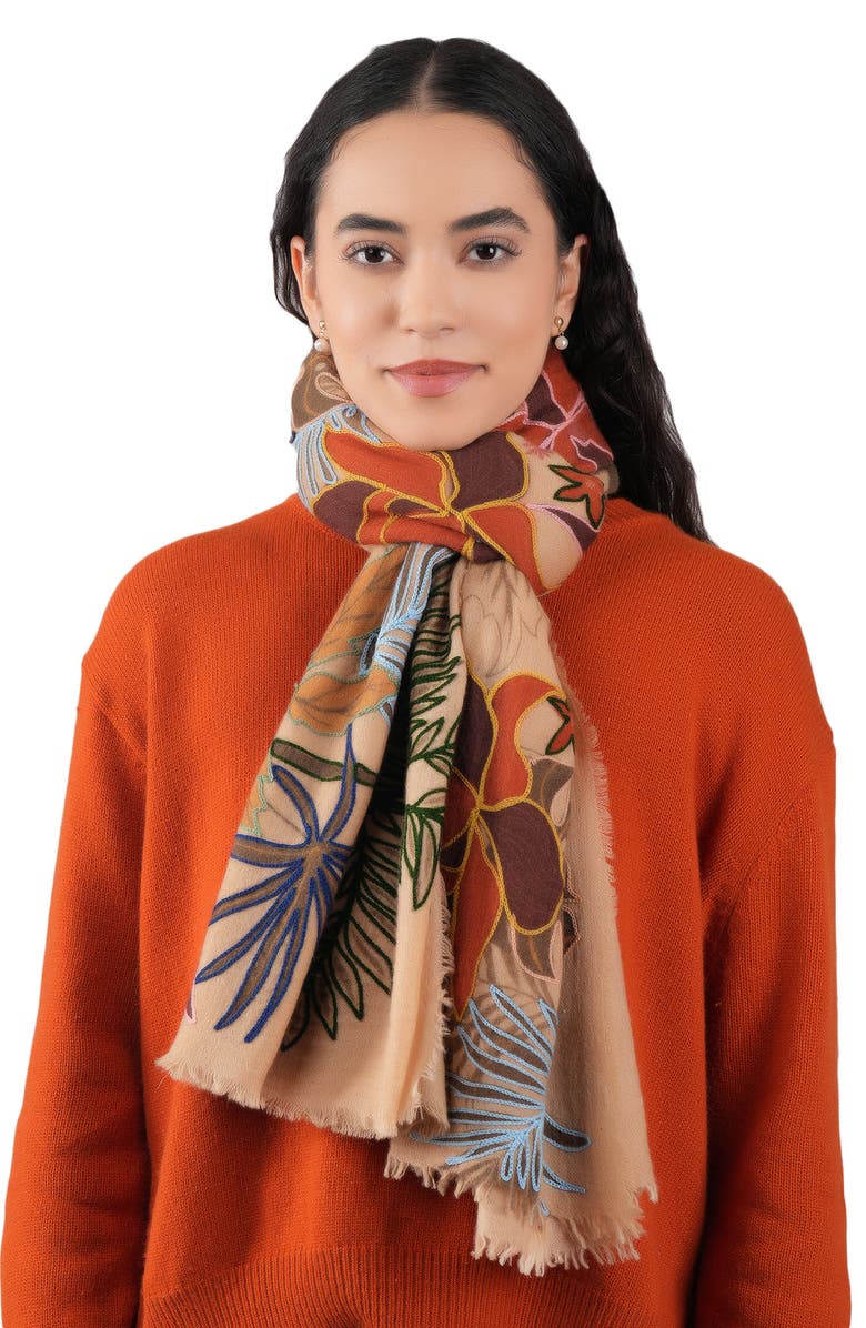 Vismaya Embroidered Wool Fringe Scarf, Alternate, color, Champagne