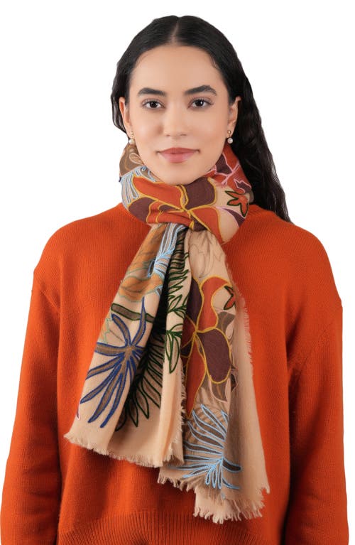 Vismaya Embroidered Wool Fringe Scarf In Brown