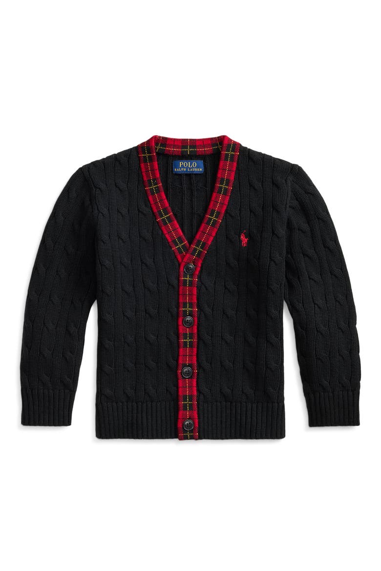 Kids' Cable Knit Cotton Cardigan, Main, color, POLO BLACK MULTI