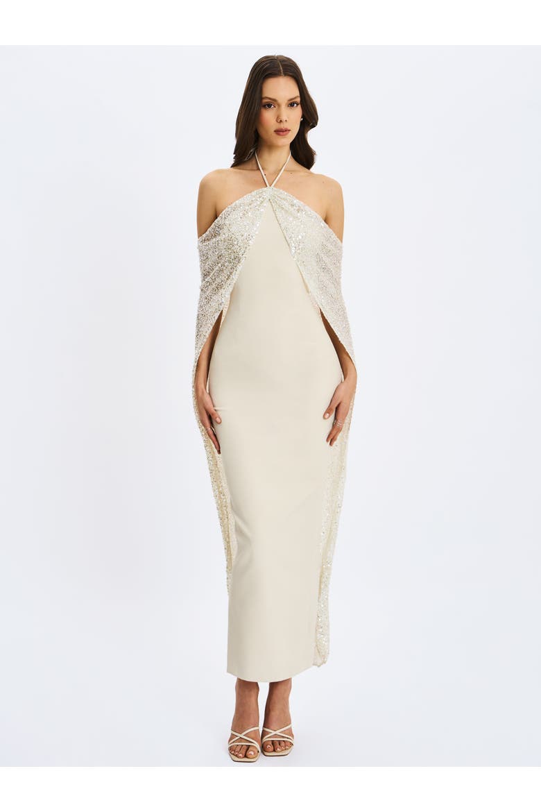 Quimera Beaded Cape Halter Off-Shoulder Maxi Gown, Alternate, color, Almond