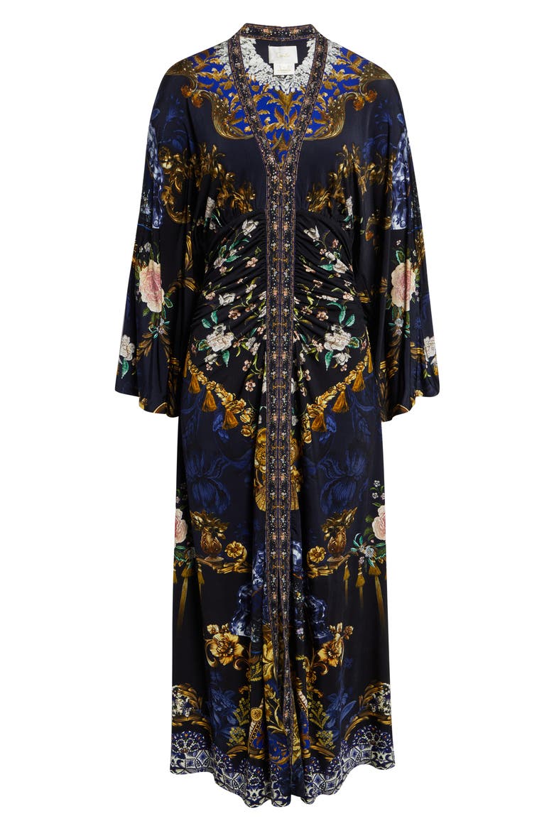 Beaded Print Long Sleeve Ruched Silk Midi Dress, Alternate, color, NOTES FROM THE BLUE ROOM