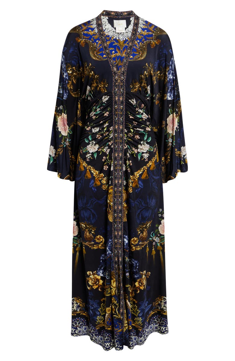 Camilla Beaded Print Long Sleeve Ruched Silk Midi Dress, Main, color, Notes From The Blue Room