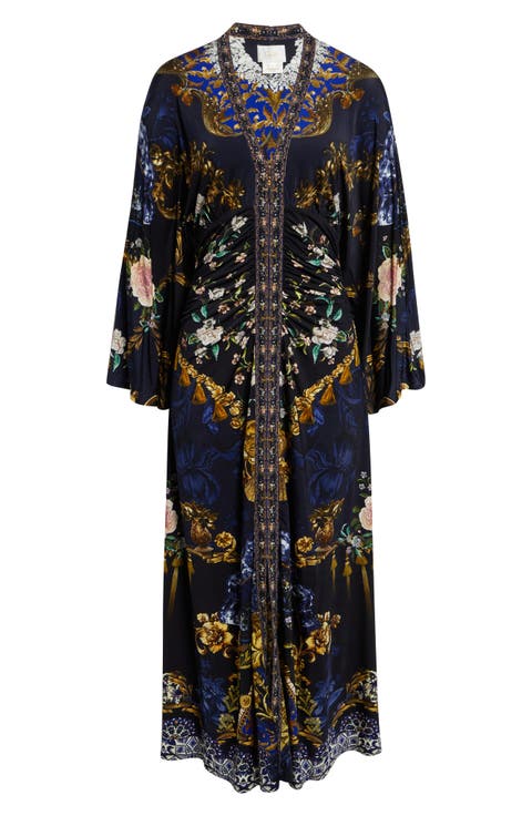 Beaded Print Long Sleeve Ruched Silk Midi Dress