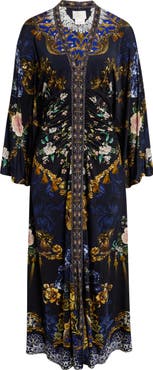 Camilla Beaded Print Long Sleeve Ruched Silk Midi Dress