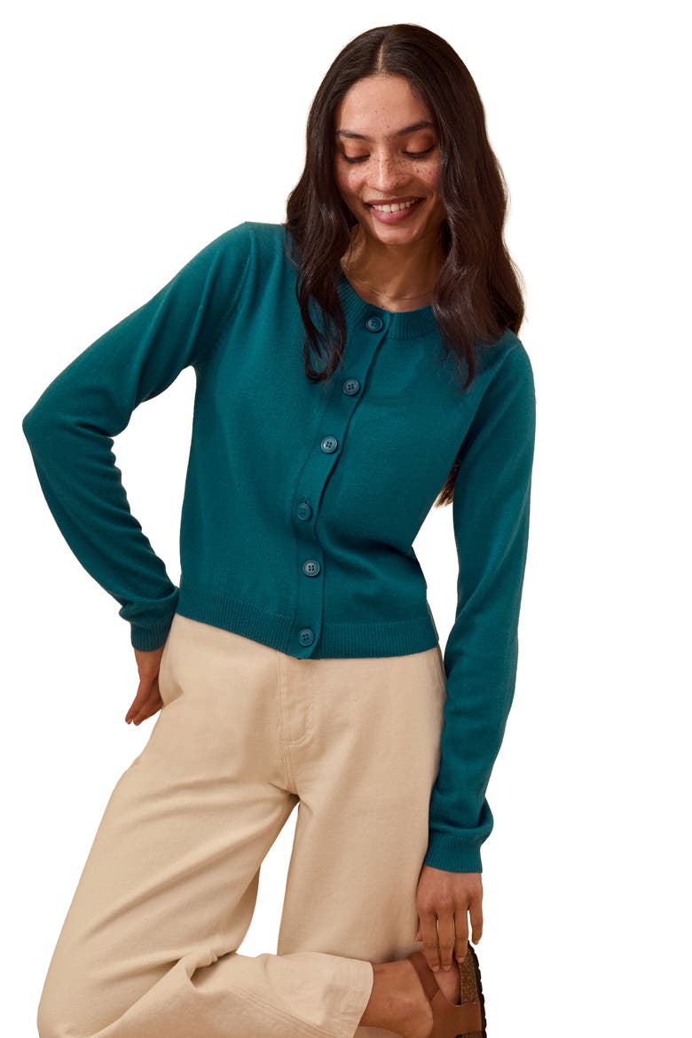 Fine Knit Merino Crew Neck Cardigan, Alternate, color, Teal
