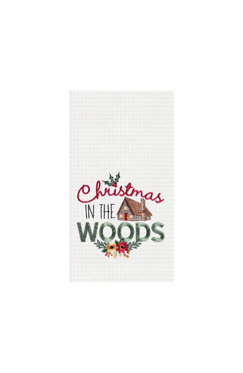 C&F Home 27" x 18" "Christmas In The Woods" Sentiment with Log Cabin Embroidered Cotton Waffle Weave Kitchen Dish Towel, Main, color, White