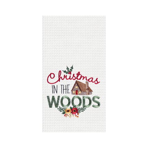 27" x 18" "Christmas In The Woods" Sentiment with Log Cabin Embroidered Cotton Waffle Weave Kitchen Dish Towel
