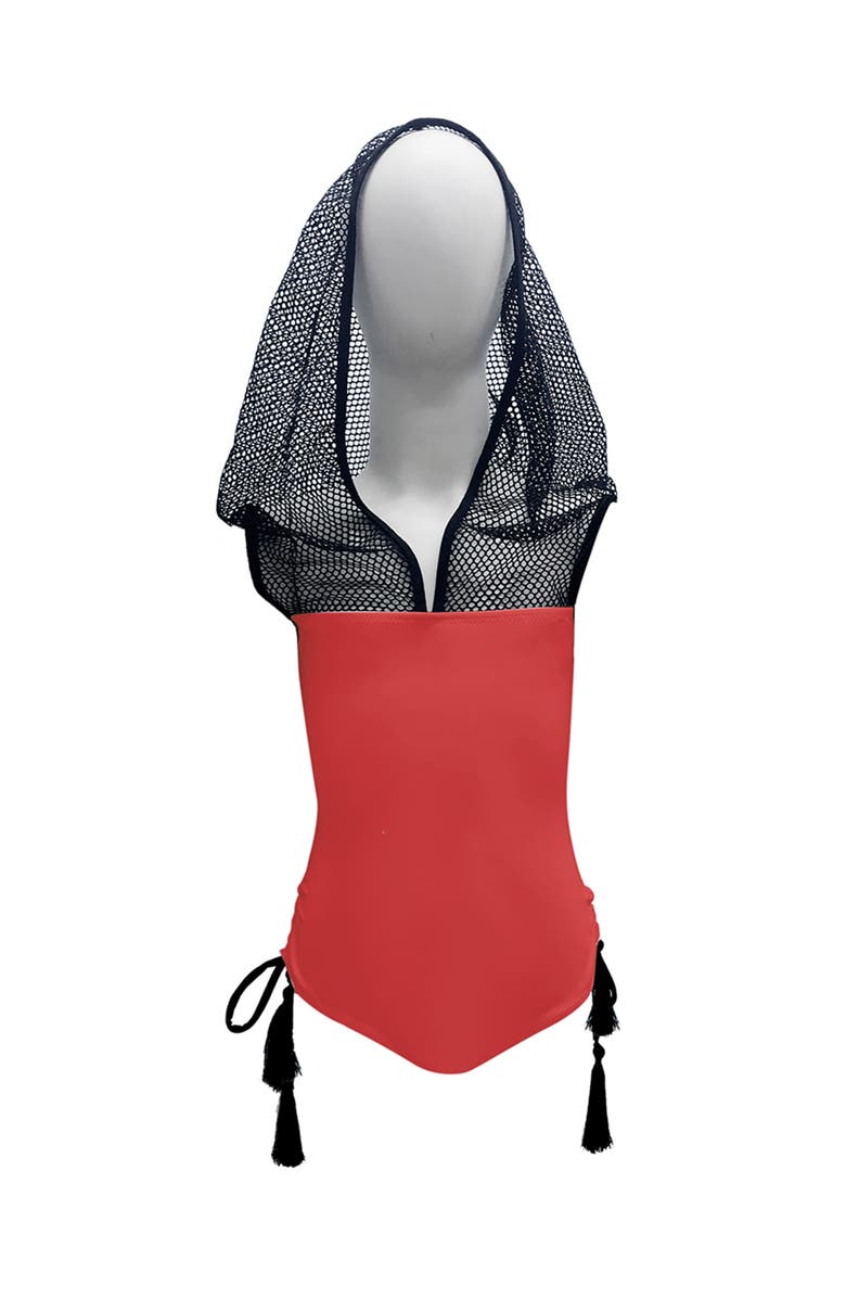 NESSI BYRD Sport Mesh Hooded with Tassel Side-Ties One-Piece Swimsuit,, Main, color, Red