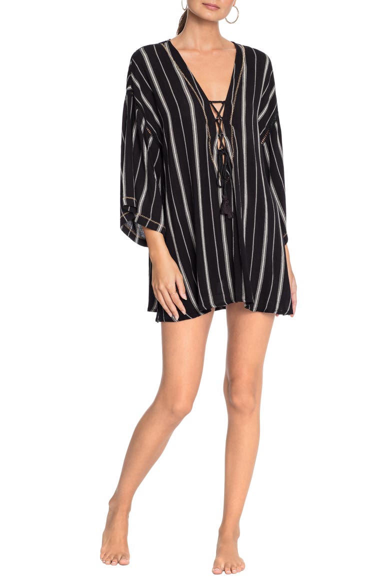 Claire Lace-Up Cover-Up Tunic, Main, color, BLACK/ ECRU