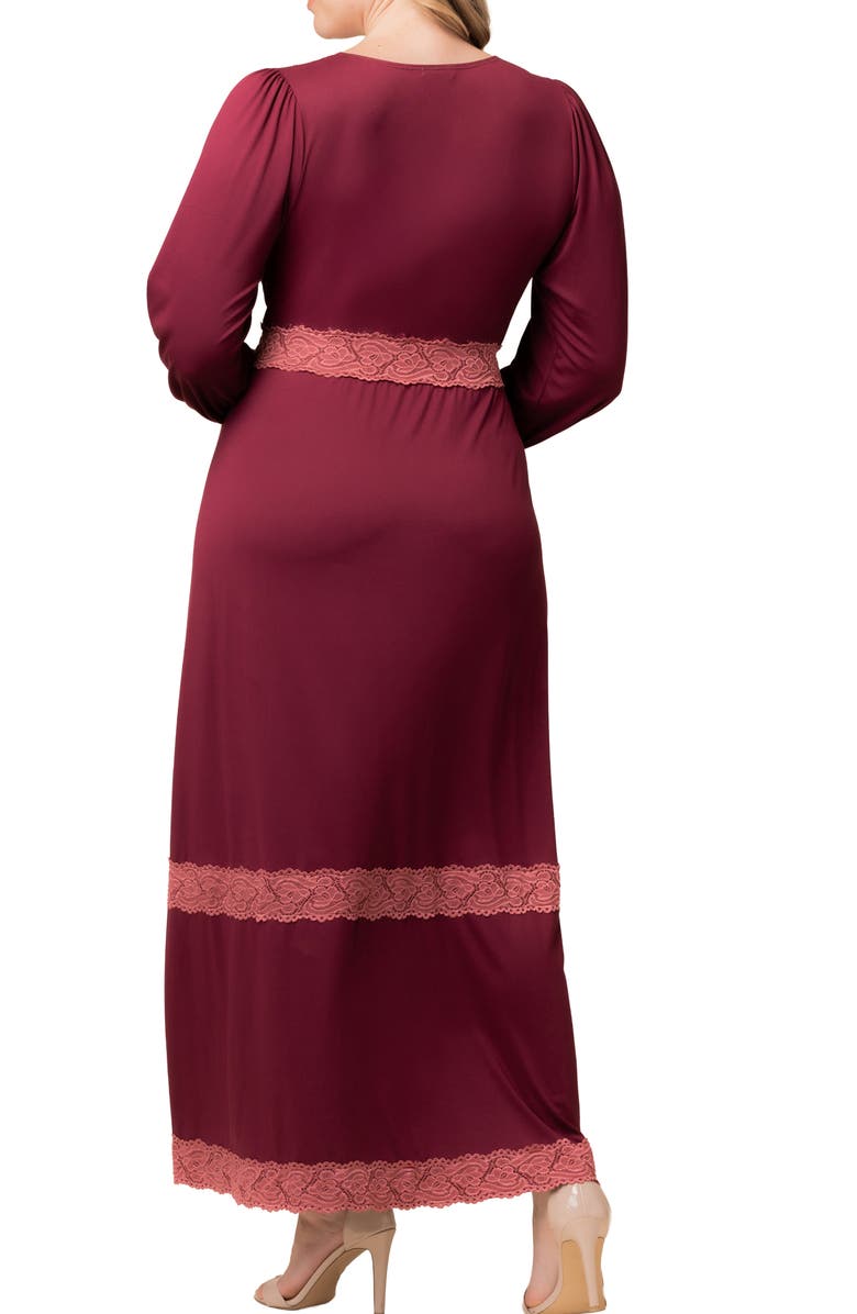 Kiyonna Lara Lace Trim Long Sleeve Maxi Dress, Alternate, color, Burgundy/ Mauve