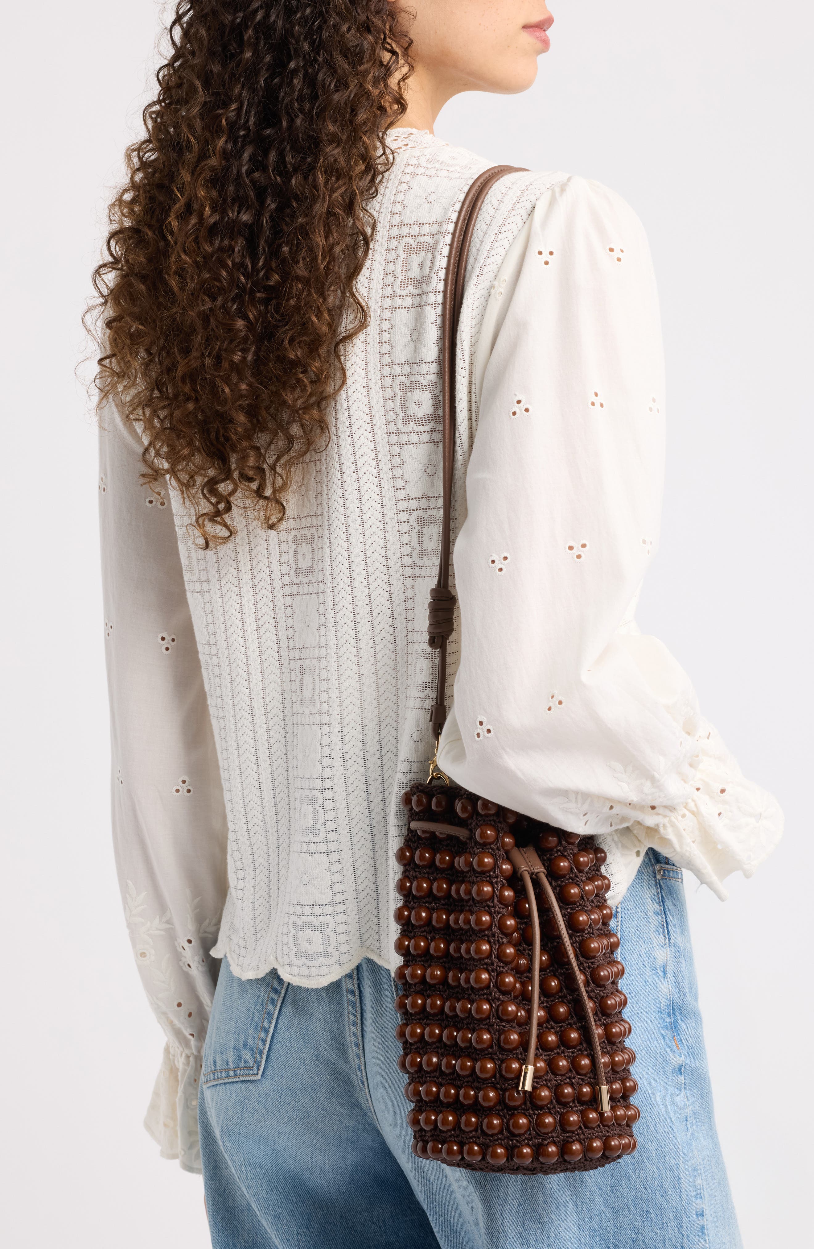 Beaded Macramé Bucket Bag, Alternate, color, NEW WALNUT