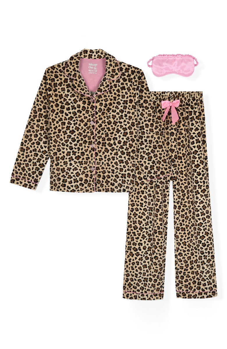 SLEEP ON IT Kids' Leopard Print Two-Piece Pajamas & Eye Mask Set, Main, color, Brown